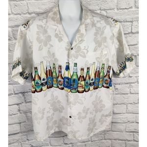 KY's Genuine Hawaiian Shirt, Ivory With Beer Bottles, Size XL Made in Hawaii USA